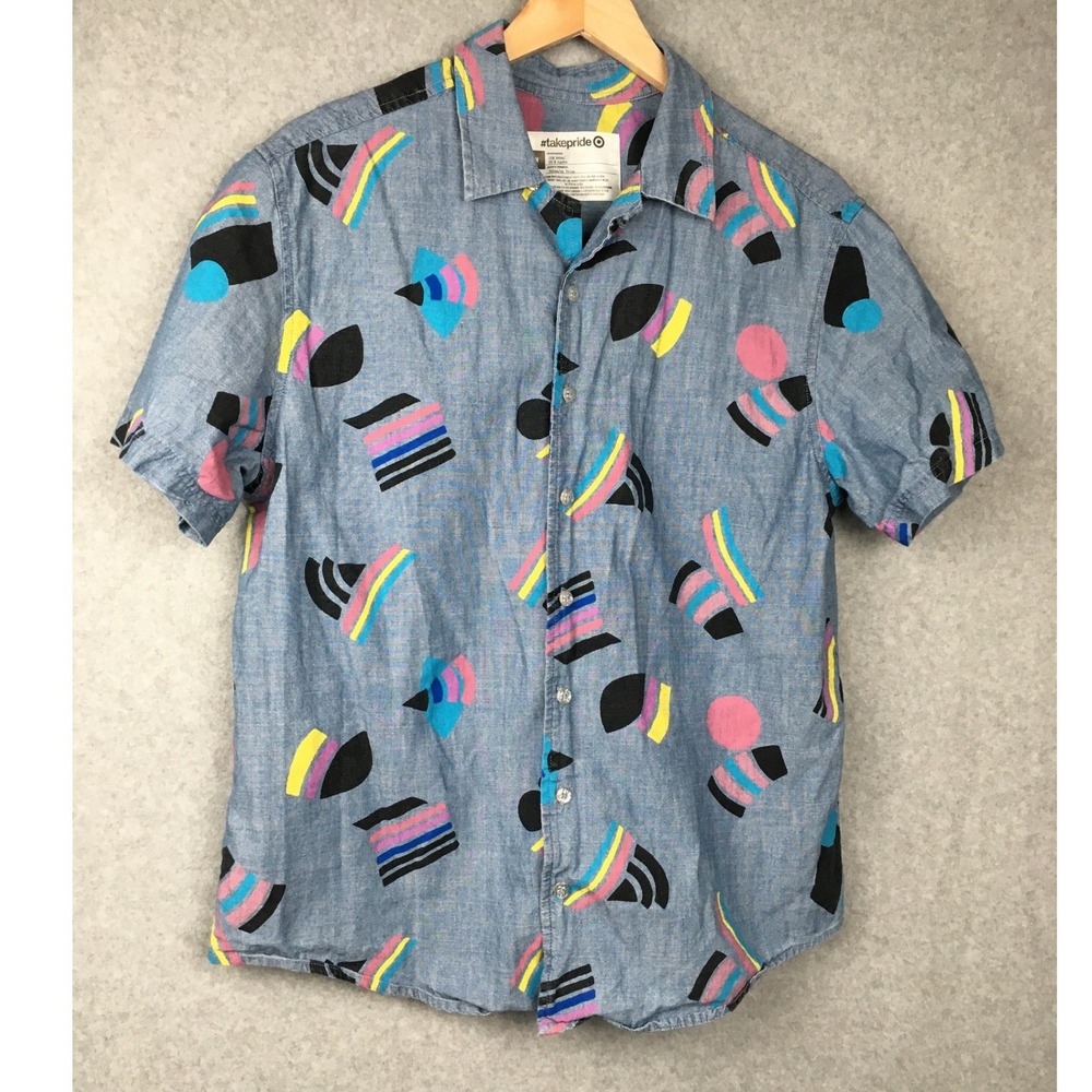 Take Pride M Button Up Chambray Shirt Blue Short Sleeves LGBTQ Flags Collar
